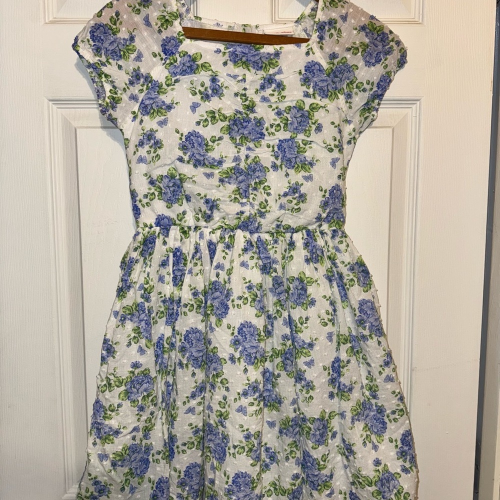 Little Lass White Dress with Blue and Green Floral Pattern